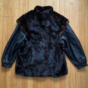 Mink Fur Jacket Coat Womens Large Luxury Outerwear w/ Removable Leather Sleeves